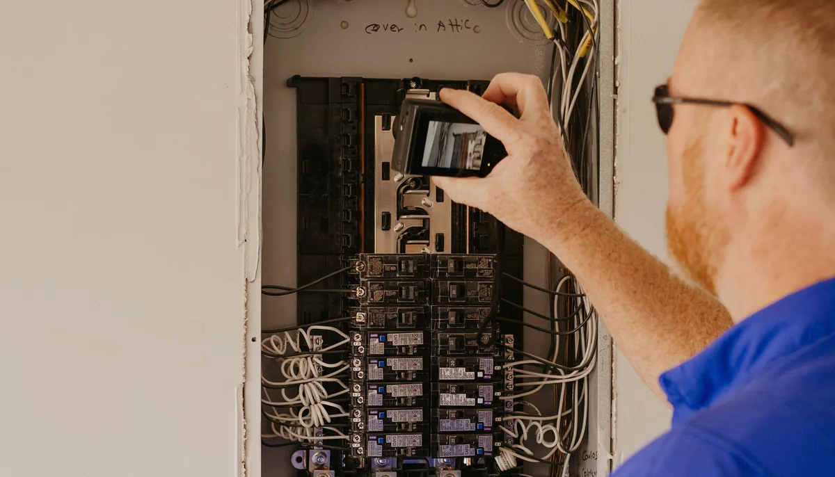 Kissee Inspections inspector checking an electrical panel