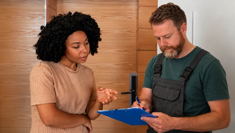 Kissee Inspections inspector reviewing findings on a clipboard with a homeowner